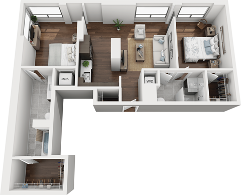 Floor plan for 2 beds, 2 baths, 996 sqft